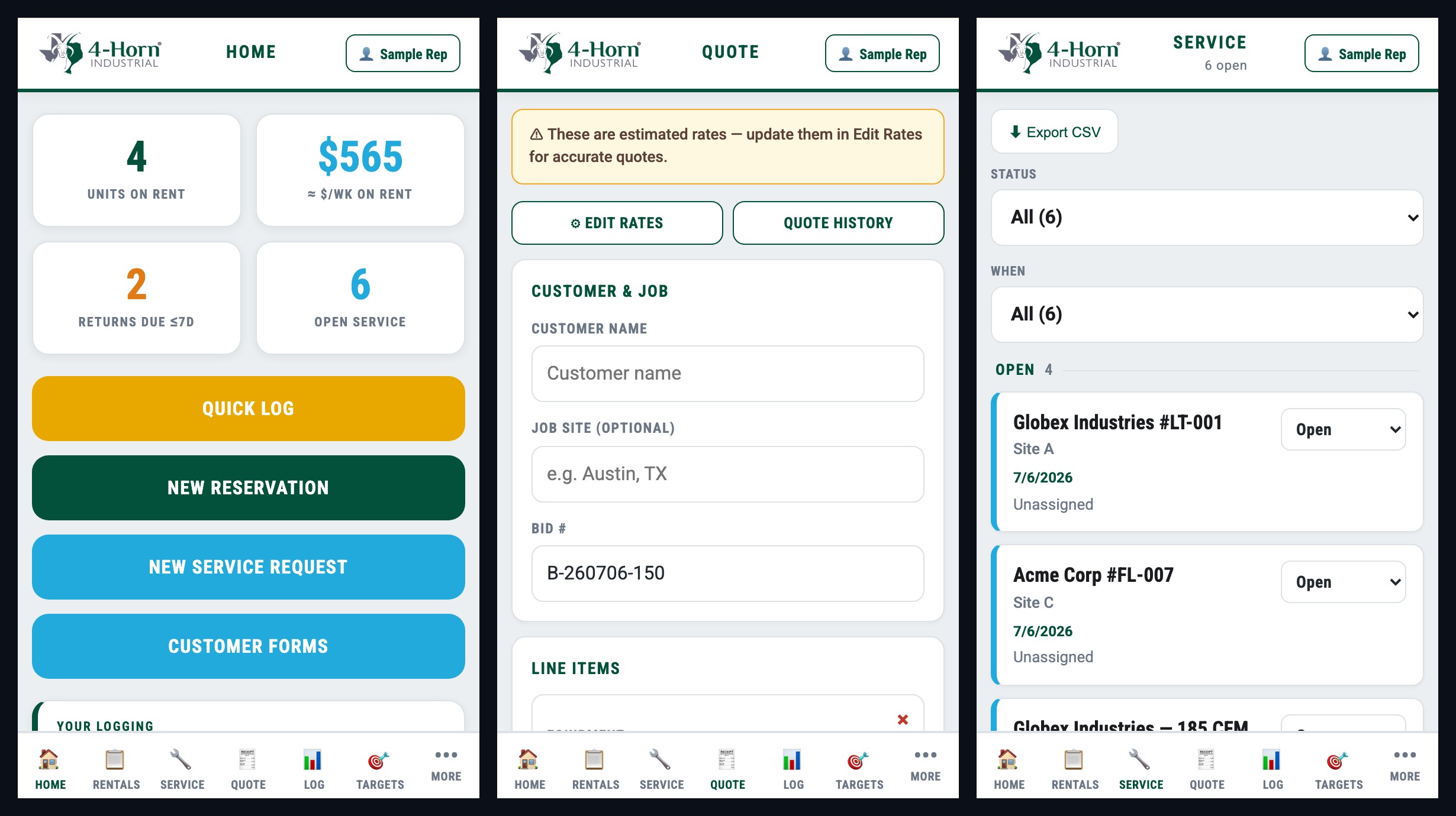 Three screens of the 4-Horn Field Ops app, shown with sample demo data — the KPI dashboard (units and dollars on rent, returns due, open service), the quote builder, and the service-request board